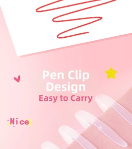 Detail of the transparent pen clip design attached to a soft pink fabric edge