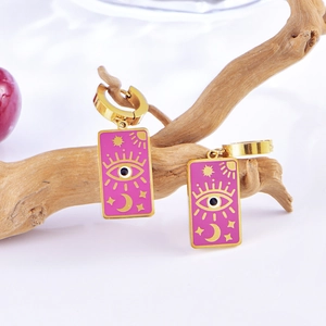 French vintage gold hoop earrings with pink enamel rectangular eye and star charms