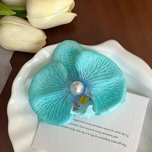 Tiffany blauwe orchidee haarclip met parel op een wit decoratief bord