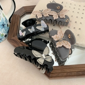Elegant acetate shark hair clips with rhinestone butterflies in black and grey-brown