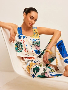 Artistic graffiti print two-piece set featuring square neck tank top and wide leg pants