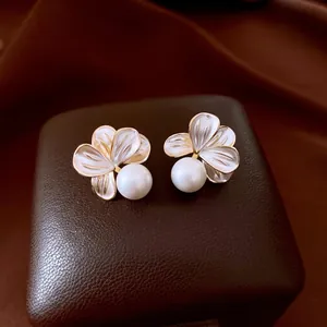 Flower Artificial Pearl Stud Earrings French Retro Gold Plated Copper With 925 Sterling Silver Earring Post Elegant For Women