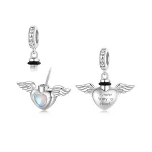 S925 sterling silver heart wings locket pendant with opal inlay and memorial engraving