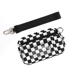 Detail of checkered card holder with clear ID window and detachable black wrist lanyard