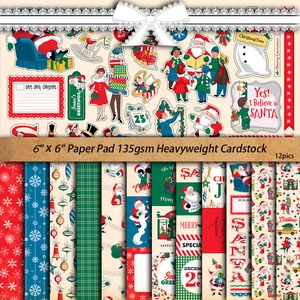 Christmas scrapbook paper set with 12 vintage Santa and reindeer 6x6 inch designs