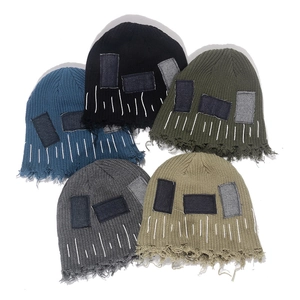 Distressed Knit Beanie Acrylic Frayed Edges Denim Patchwork Japanese Streetwear Retro Ribbed Winter Warm Hat