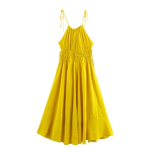 Linen Blend Halter Maxi Dress Sleeveless High Waist Shirred Solid Color Summer Beach Vacation Resort Elegant For Women