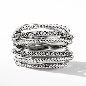 Modern crossover multi-row ring featuring cable twisted bands and black micro-pave stones