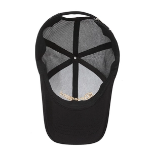 Breathable black mesh baseball cap with gold embroidery on visor seen from top-down