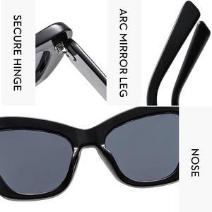 Detail view showing secure hinges, arc mirror legs, and integrated nose pads on cat-eye sunglasses
