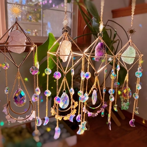 Set of four natural amethyst moon suncatchers with metal frames and crystal prisms