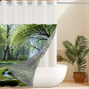 Detail of waterproof forest waterfall bath curtain with durable metal grommets