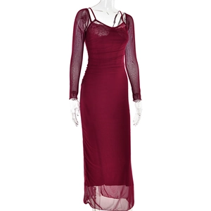 Detail of burgundy mesh long sleeve dress showing semi-sheer fabric and lining