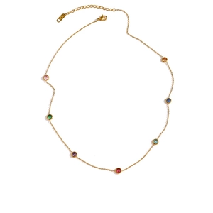 Gold stainless steel necklace with seven colorful rainbow stones on a delicate chain