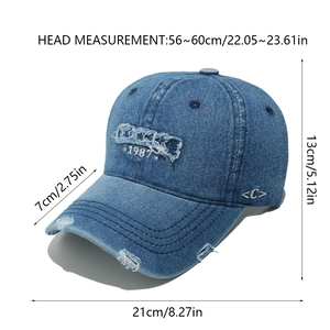 Size guide for vintage distressed denim baseball cap with 1987 embroidery details
