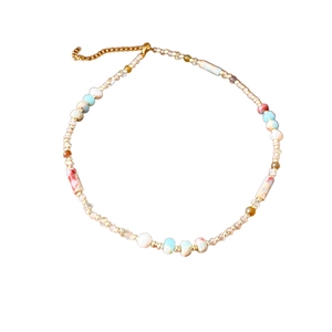 Colorful beaded necklace with bohemian style cylinder beads and gold extender chain