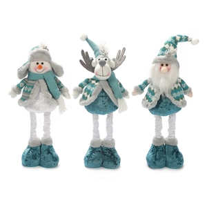 Three-piece set of retractable Christmas plush figures in blue and grey knit outfits