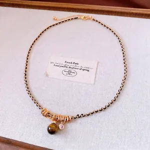 Tiger eye stone gourd pendant necklace with double-layer gold bead chain for women