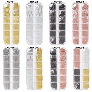 Nail art metal caviar beads set in 12-grid storage boxes with gold and silver colors