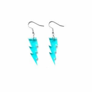 Sparkly turquoise acrylic lightning bolt earrings with elegant silver hooks