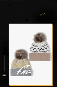 Detailed knit texture and plush pom-poms on cozy winter beanies with jacquard patterns