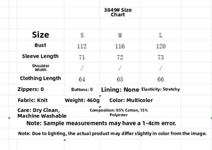 Size chart showing S to L dimensions for women's loose embroidered raglan sleeve sweatshirt