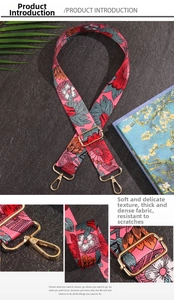 Close-up of floral wide strap with high-density fabric and light gold metal clasps