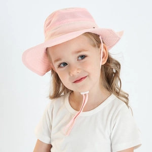 Detail view of pink kids sun hat featuring breathable mesh panels and adjustable chin strap