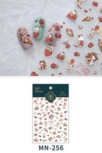 Detailed relief texture of cartoon rabbit and strawberry nail stickers with matte finish