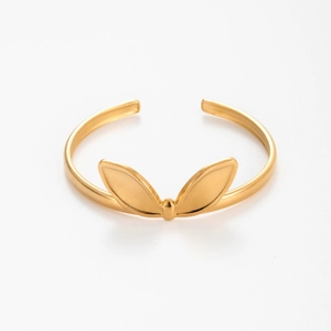 Polished gold bunny ear stainless steel open bangle with minimalist adjustable design