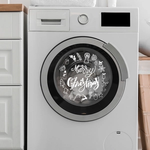 White Merry Christmas washer door sticker with festive reindeer and snowflake icons