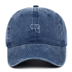 Close-up of navy washed denim baseball cap with minimalist dog outline embroidery