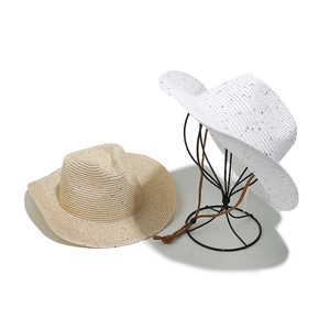 Chapeaux de paille Panama en beige et blanc avec paillettes et jugulaire réglable
