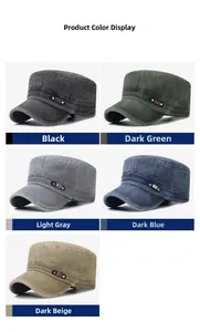 Detail view of washed cotton cadet caps in five vintage colors with metal buckle accents