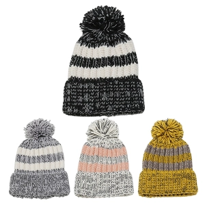 Striped Knit Beanie Hat Pom Pom Thick Warm Acrylic Winter Skull Cap Outdoor Sports Women Men