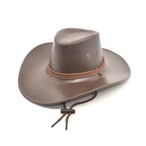 Close-up of brown faux leather cowboy hat with braided cord and adjustable chin strap