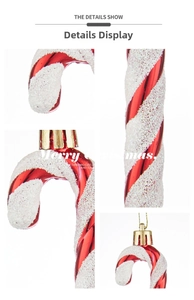 Detailed view of red and white striped Christmas candy cane with glitter and gold string