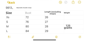 Size guide for jacquard crop top with adjustable straps and measurements in centimeters