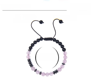 Bracciale Morse regolabile con cristallo rosa 6mm e pietre nere opache rifinite