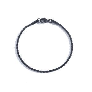Detail of a black twisted rope bracelet featuring a durable black metal lobster clasp