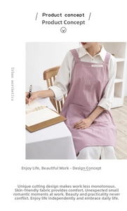 Pink cotton linen apron with large front pockets and long sleeves for crafts and art