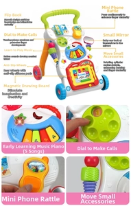 Detail of baby walker wheels with non-slip silicone pads and functional musical activity panel