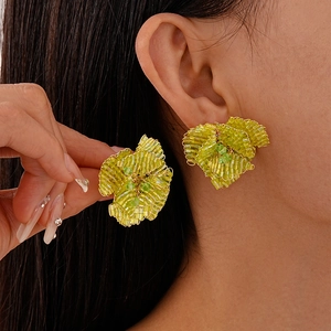 Orecchini A Bottone Con Fiori Perline Di Vetro Verdi Fatti A Mano Gioielli In Rame Con Perno In Argento Sterling 925 Per Donne