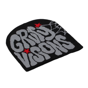 Black knitted beanie featuring Grimy Visions text, red star and grey spider web patterns