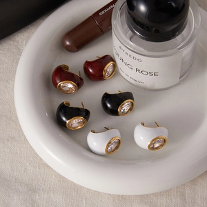 Vintage C-shaped enamel stud earrings set with sparkling zircon in three colors