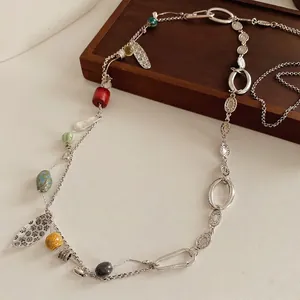 Retro Ethnic Long Necklace Waist Chain Colorful Ceramic Beads Alloy Leaf Pendant Bohemian Body Jewelry Women