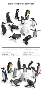 Macro view of realistic 11-piece penguin figurine set with detailed textures and igloo
