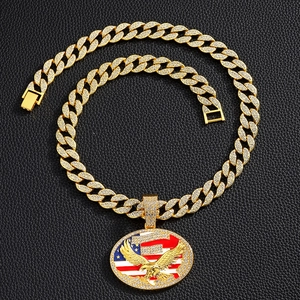 Collier Pendentif Aigle Drapeau Américain pour Hommes Alliage Hip Hop Strass Chaîne Gourmette Chaîne de Tennis Bijoux Cadeau Anniversaire