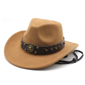 Brown wool western cowboy hat with studded leather band and adjustable chin strap