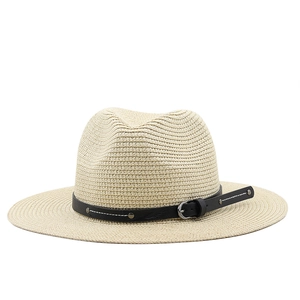 Chapeau fedora en paille beige avec ruban à boucle pour la plage et protection solaire